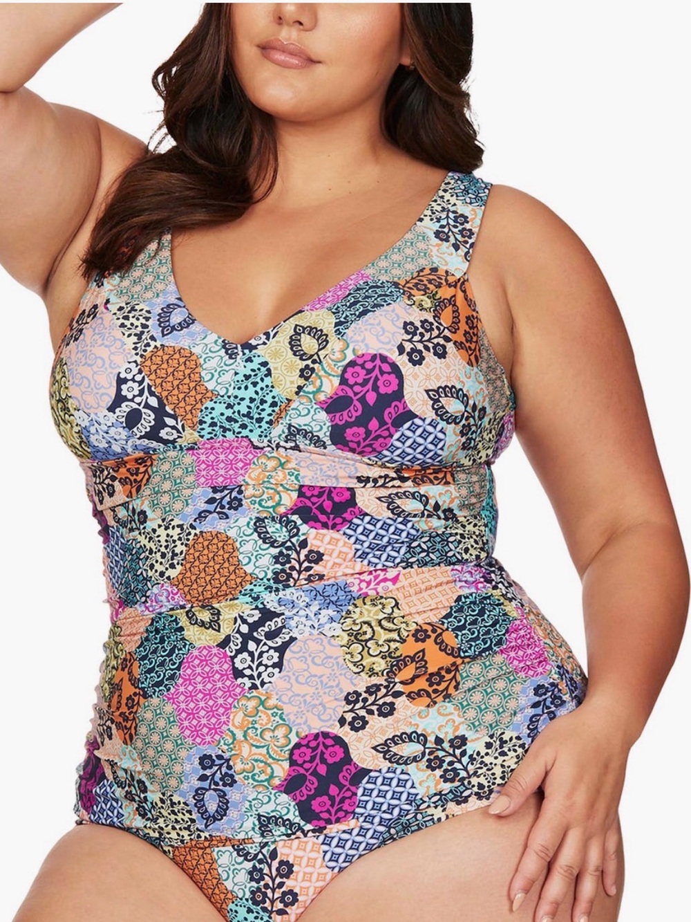 Plus-Size V-Neck Tankini Top in Multi Patchwork Print